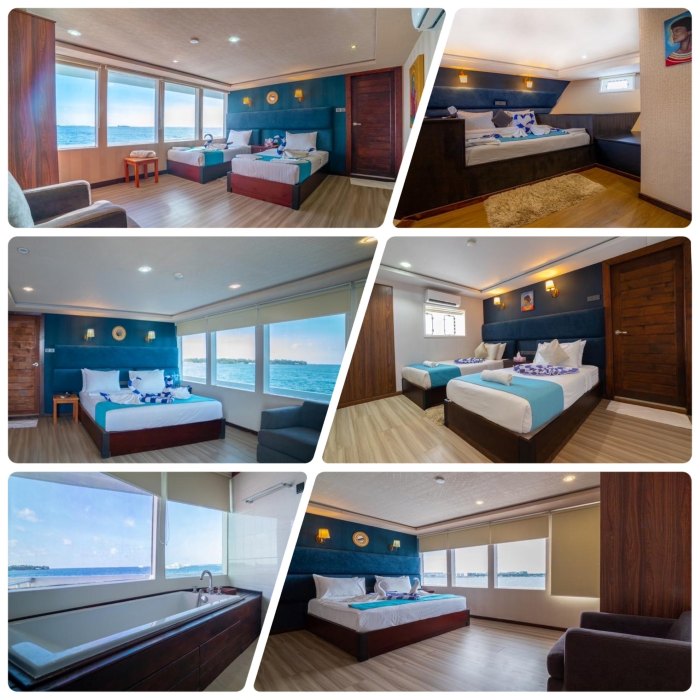 左上/アッパーデッキにあるオーシャンビュールーム。シングル2ベッド 右上/デラックスダブルキャビン。ロウワーデッキ 左中/アッパーデッキにあるオーシャンビュールーム。キングサイズベッド 右中/メインエリアにあるマスターキャビン