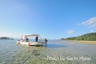 川平エリアでは小型ボートを利用するケースが多い。乗船は海を歩いて行くのでビーチサンダルまたはマリンブーツ必携