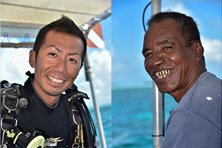 左/チーフのホリさんこと堀義雄さん。頼りがいのある九州男児 右/大ベテランのブランコさん。船の操縦だけでなくガイド経験も豊富で、パラオの海のことは何でもオマカセ!