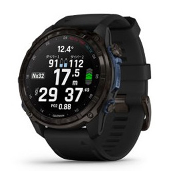 「GARMIN Descent Mk3i」51mmシリコンバンド(税込¥248,000 チタンバンド付は¥278,000)。これと43mm(税込¥218,000)バージョンであれば、T2トランシーバー対応で、メッセージのやり取りができます