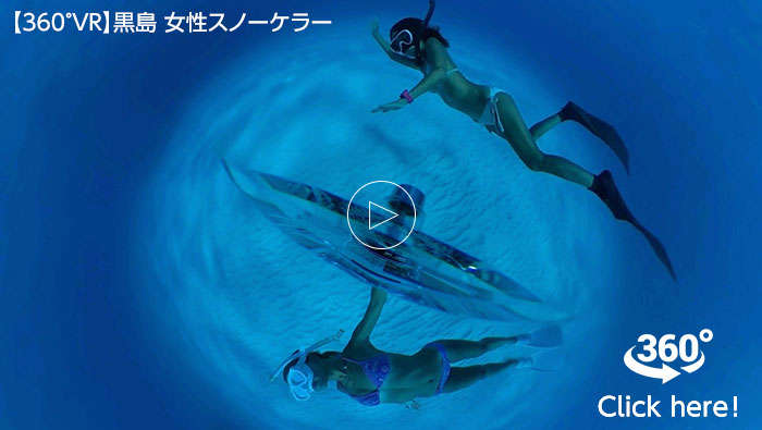 白砂の海底の明るい水中で、２人の女性スノーケラーが左右から泳いでくる様子を撮影。上に下に深度を変えながら自在に泳ぐスノーケラーの姿を、スマホやVRゴーグルで観てみよう。 