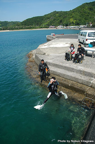 宮崎県北部の延岡の「天神」では、海岸の堤防にENポイントがあって、ジャイアントストライドでエントリーする
