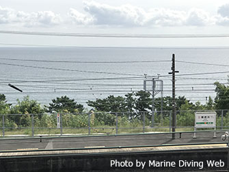 根府川駅のホームの東側には相模湾の青い海が広がる
