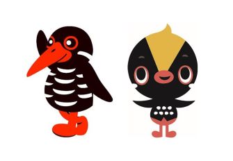 村の公認キャラクター「キョンキョン」（左）と「くーやん」（右）。国頭村の鳥ヤンバルクイナがモチーフ。